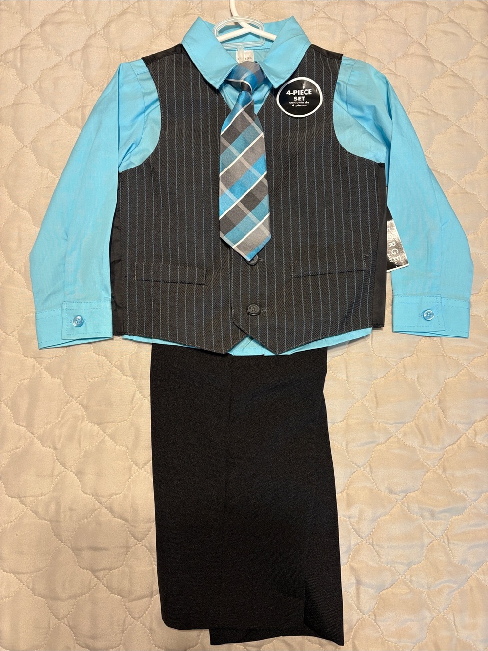 Boys 4-Piece Dress Vest Set - Turquoise Blue Shirt with Black Pinstripe Vest